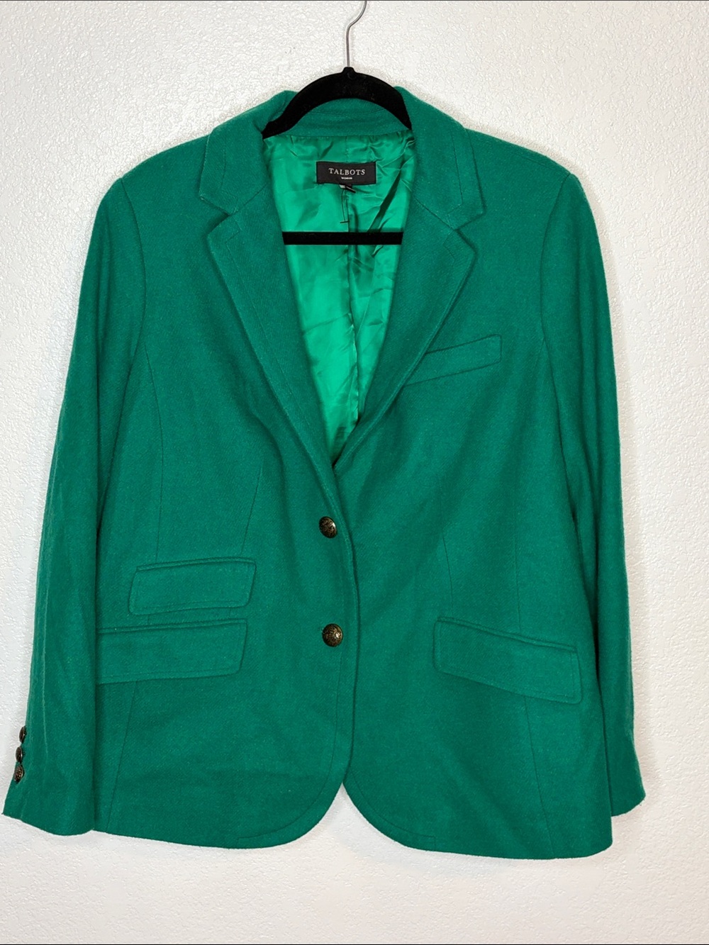 Talbots Emerald Green Wool 2 Crest Button Blazer Size 16 W Timeless Classic